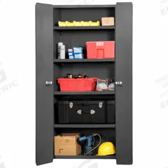 DURHAM MFG Storage Cabinet: 36 in x 24 in x 84 in, Swing Handle & Padlock Hasp, 14 ga Panel Thick (MPN 3953-4S-95). Key specifications — Cabinet Color: Gray; Method of Construction: Welded; Base Type: Frame; Assembled: Assembled; Mobility: Stationary; Adjustable Shelves: Adjustable; Cabinet Finish: Powder Coated; Cabinet Material: Steel.