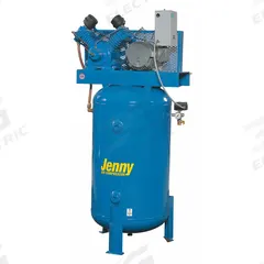 JENNY Electric Air Compressor: 5 hp, 1 Stage, Vertical, 80 gal, 23 cfm, 125 psi, 240V AC (MPN J5A-80V-230/1). Key specifications — attr48430: JENNY; attr48445: 60 Hz; attr48448: Magnetic Starter; attr48450: 240V AC; attr48474: Single; attr48487: Vertical.