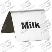 TABLECRAFT PRODUCTS COMPANY Milk Sign: Silver, Stainless Steel, 2 in Overall Wd, 2 1/2 in Overall Lg (MPN B5). Key specifications — Brand: TABLECRAFT PRODUCTS COMPANY; Color: Silver; Product Type: Milk Buffet Sign; Material: Stainless Steel.