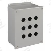 WIEGMANN Push Button Enclosure: 22mm, 9 Holes, Carbon Steel, NEMA 12 (MPN PBGX9). Key specifications — Brand: WIEGMANN; Environments & Applications: Indoor Dust & Water Droplets.