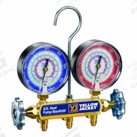 YELLOW JACKET Manifold Gauge: 2 Valves, 0 Hoses, Series Heat Pump Manifold, 3 1/8 in Gauge (MPN 42045). Key specifications — Hose Connection Type: SAE; Product Type: Single Manifold Gauge; For Refrigerant Type: R-32; Brand: YELLOW JACKET; Gauge Boots: No; Sight Glass: No.