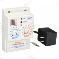 SUPCO Temperature Alarm: -10°F to 80°F, ±5°F, 6 ft Cable Lg, Plug-In, External Holes (MPN TA-6). Key specifications — Mounting Type: External Holes; Probe Type: Temperature; Accuracy: ±5°F; Brand: SUPCO; Temperature Units: Fahrenheit.
