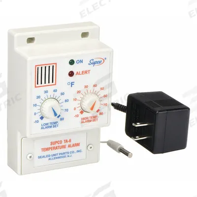 Supco Temperature Alarm: -10°F to 80°F, ±5°F, 6 ft Cable Lg, Plug-In - Temperature Alarms for Refrigerators & Freezers