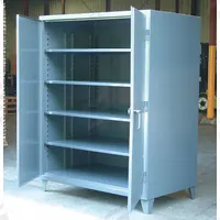 STRONG HOLD Storage Cabinet: 72 in x 36 in x 72 in, Swing Handle & Padlock Hasp, 12 ga Panel Thick (MPN 66-364). Key specifications — attr62698: Dark Gray; attr62736: Welded; attr87895: Legs; attr62693: Assembled; attr62737: Stationary; attr62694: Adjustable; attr62695: Baked Enamel; attr62696: Steel.