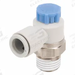 SMC Speed Control Valve: Elbow Fitting, Knob, 1/4 in/1/8 in Valve Body Size, 4 mm Tube, Meter In (MPN AS2211F-01-04SA). Key specifications — attr947203: Brass/PBT; attr947205: SMC.