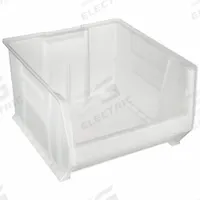 AKRO-MILS Super Size Bin: 20 in Overall Lg, 18 3/8 in x 12 in, Clear, Stacking Capable (MPN 30283SCLAR). Key specifications — Mobility: Stationary; Material: Plastic; Brand: AKRO-MILS; Stackable: Stacking Capable.