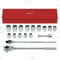 PROTO Socket Set: 1 in Drive, 17 Piece, 12-Point, SAE, 1 1/16 in to 2 in (MPN J57100A). Key specifications — attr1224269: 1 in; attr1204638: Drive Tools Included; attr1204650: 1-1/16 in to 2 in; attr1204673: Socket Bits Not Included; attr1204681: Wrenches Not Included; attr1204688: PROTO; attr1206170: Drive Tools.