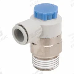 SMC Speed Control Valve: Elbow Fitting, Knob, 1/2 in Valve Body Size, 12 mm Tube, Meter In (MPN AS4211F-04-12SA). Key specifications — attr947203: Brass/PBT; attr947205: SMC.