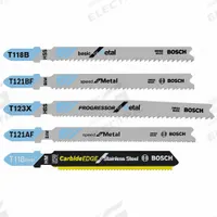 BOSCH Jig Saw Blade Set: T Shank, For Metal/Stainless Steel Workpiece Material, 5 Pieces, 5 PK (MPN TPM005). Key specifications — attr1132213: (1) T123X; attr1132208: BOSCH.