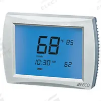 PECO Low Voltage Thermostat: Heat and Cool, Auto and Manual, 5-1-1/5-2/7 Day, Horizontal, Rectangle (MPN T12532-001). Key specifications — Application: Heat and Cool; Stages: 3H/2C Conventional, 4H/2C Heat Pump; Programming Capability: 7 Day; Shape: Rectangle; Terminal Designations: RH; Temperature Control Range: 50° to 90°F; Changeover Type: Automatic and Manual; Brand: PECO.
