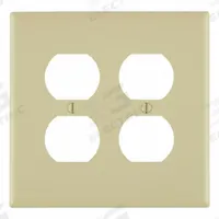 LEVITON Wall Plate: Duplex Outlet, 2 Gang, Ivory, Midsize Size (MPN PJ82-I). Key specifications — Brand: LEVITON; Material: Nylon.
