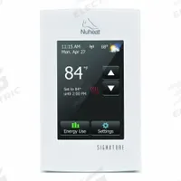 NUHEAT Electric Floor Heater Thermostat: 3 in Overall Wd, 120/240V AC, 41° to 104°F, Touch Screen (MPN Signature). Key specifications — Thermostat Control Type: Touch Screen; Voltage: 120/240V AC; Thermostat Control Range: 41° to 104°F; Brand: NUHEAT.