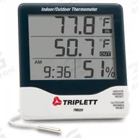 TRIPLETT Indoor/Outdoor Temperature Indicator: 10%to 99% Humidity Range, Humidity/Temp/Time (MPN TM020). Key specifications — Primary Scale: Humidity/Temperature/Time; Display Type: Digital; Brand: TRIPLETT.
