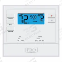 PRO1 IAQ Low Voltage Thermostat: Heat and Cool, Manual, B/G/O/RC/RH/W/Terminal Designations, Square (MPN T605-2). Key specifications — Application: Heat and Cool; Stages: 1H/1C Conventional; Programming Capability: 5-1-1; Shape: Square; Terminal Designations: B; Temperature Control Range: 44° to 90°F; Changeover Type: Manual; Brand: PRO1 IAQ.