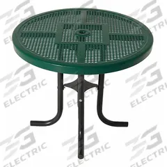 ULTRASITE Patio Table: Green, Steel, 30 1/4 in Overall Ht, 36 in Overall Dia, Steel, Black (MPN 361L-RDP-Green). Key specifications — Frame Color: Black; Frame Material: Steel; Tabletop Color: Green; Tabletop Material: Steel.