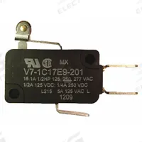 HONEYWELL Miniature Snap Action Switch: Roller Lever Actuator, 1NO/1NC, Quick Connect (MPN V7-1C17E9-201). Key specifications — AC Contact Rating: 15 A @ 125 V; Electrical Connection: Quick Connect; Series: V7; Brand: HONEYWELL.