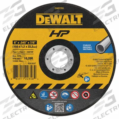 DEWALT Abrasive Cut-Off Wheel: Type 1, 6" x 0.045" x 7/8", Aluminum Oxide, 60 Grit - Contaminant-Free Cut-Off Wheels for Stainless Steel