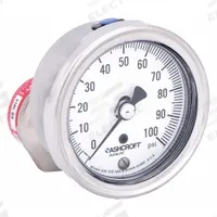 ASHCROFT Pressure Gauge with Diaphragm Seal: 0 psi to 100 psi, 1009/310-315, 2 1/2 in Dial, Glycerin (MPN 251009AW02B100#/25310SS02TXCG). Key specifications — Brand: ASHCROFT; Gauge Case Liquid: None; Seal Fill Liquid: Glycerin; Gauge Case Material: 304 Stainless Steel; Seal Lower Housing Material: 316L Stainless Steel; Accuracy: ±1.50%.