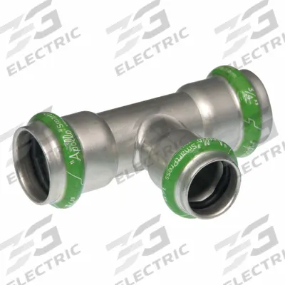 APOLLO Crimp Tee Fitting: 1 1/2 in Pipe x 3/4 in Pipe x 1 1/2 in CTS Size, EPDM - Potable Water Stainless Steel Press Fittings