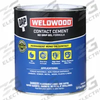 DAP Contact Cement: Weldwood Gel, Gen Purpose, 1 qt, Can, Tan, Water-Resistant (MPN 25312). Key specifications — Primary Applications: General Purpose; For Surface Type: Non-Porous or Porous; Adhesive Color: Tan; Application Method: Brush On; Heat Resistant: Yes; Low Odor: No; Water Resistance: Water-Resistant; VOC Content Weight: 702 g/L.