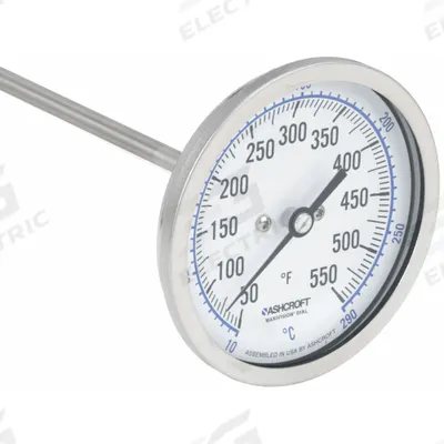 ASHCROFT Dial Thermometer: 50°F to 550°F /10°C to 290°C, ±1% Accuracy, 9 in Stem Lg - Back-Mount Fixed-Angle Thread-Mount Dial Thermometers