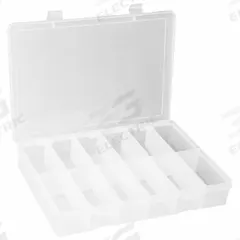 DURHAM MFG Compartment Box: 9 in x 13 1/8 in x 2 3/8 in, Clear, 12 Compartments, Snap (MPN LP12-CLEAR). Key specifications — ESD Conductive: Not Electrostatic Discharge Conductive; Color: Clear; Compartment WxD: (12) 2-1/6 in x 4-3/16 in; Brand: DURHAM MFG; Material: Plastic.