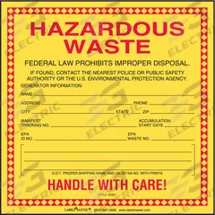 LABELMASTER Waste Label: 6 in x 6 in, 6 in Label Wd, 6 in Label Ht, Label, 100 PK (MPN WM87). Key specifications — Message: Hazardous Waste; Material: Adhesive Back; Brand: LABELMASTER.