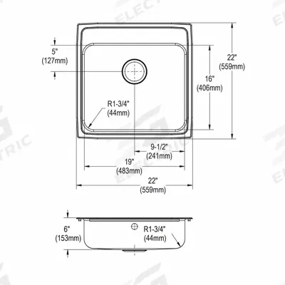 JUST MANUFACTURING Bowl Drop-In Sink: 22 in Overall Lg, 21 in Overall Wd, 6 in Bowl Dp - One-Bowl Counter-Mounted Kitchen & Bar Sinks without Faucets