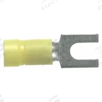 PANDUIT Fork Terminals: Yellow, Vinyl, 1/4 in Stud Size, 12 AWG – 10 AWG Wire Range, Std Fork, 600 V (MPN PV10-14F-L). Key specifications — Barrel Style: Funnel Entry; Manufacturer Part Number: PV10-14F-L; Brand: PANDUIT; Series: EV10.