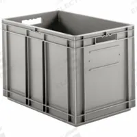 SSI SCHAEFER Straight Wall Tote: 22.1 gal, 23 3/4 in x 15 3/4 in x 16 5/8 in, Stacking Capable, Gray (MPN EF6420.GY1). Key specifications — Material: Plastic; Stackable: Stacking Capable; Brand: SSI SCHAEFER.