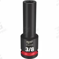 MILWAUKEE Deep Impact Socket: 1/2 in Drive Size, SAE, 3/8 in Socket Size, 6-Point, Deep, Friction (MPN 49-66-6220). Key specifications — attr1215501: MILWAUKEE; attr1215515: Black Phosphate; attr1215518: 3/8 in.