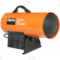 DAYTON Portable Gas Torpedo Heater: 60,000 BtuH Heating Capacity Output, 1,350 sq ft Heating Area (MPN 3VE54). Key specifications — Brand: DAYTON; Key Features: Flame-Out Sensor; Overall Dimensions - H x W x D: 13-1/2 in x 19-5/16 in x 8-1/8 in.