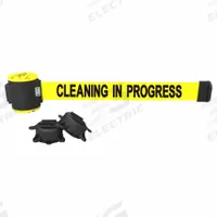 BANNER STAKES Retractable Belt Barrier: Anchors/Screws, 15 ft Belt Lg, Maint & Cleaning Messaging (MPN PL4112). Key specifications — Message Color: Black; Frame Color: Black; Brand: BANNER STAKES; Belt Color: Yellow.