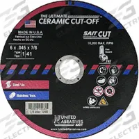 SAIT Abrasive Cutting Wheel: Type 1, 6" x 0.045" x 7/8", Ceramic, 60 Grit, The Ultimate Ceramic (MPN 22482). Key specifications — Series: The Ultimate Ceramic; Brand: UNITED ABRASIVES-SAIT.