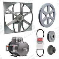 Exhaust Fan with Drive Package: Belt Drive, 48 in Blade, 3 hp, 33,223 cfm, 115/230V AC, 1 ph (MPN 7M8E4). Key specifications — Frame Finish: Zinc Plated; Assembled: Unassembled; Brand: DAYTON; Nameplate Voltage: 115/230V AC; Frame Material: Steel; Guard Type: None; Motor Insulation: Class F; Motor Enclosure: Totally Enclosed Fan Cooled.