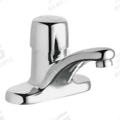 CHICAGO FAUCETS Low Arc Bathroom Faucet: 3400, Centerset, Cast Brass, Polished Chrome Finish - Single-Post Push-Button Metering Bathroom Faucets