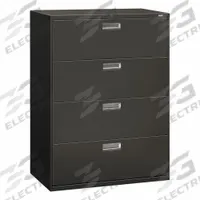 HON Lateral File Cabinet with Drawer: Charcoal, 4 Drawers, 52 1/2 in Overall Ht, 18 in Overall Dp (MPN H694.L.S). Key specifications — attr988670: Unfinished; attr988694: Steel; attr988716: Lateral File Cabinet with Drawer; attr988691: Integrated; attr988652: HON; attr988656: Charcoal; attr988720: Handle.