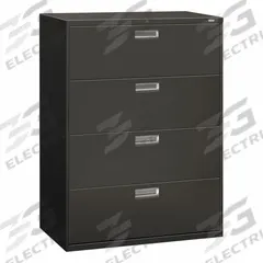 HON Lateral File Cabinet with Drawer: Charcoal, 4 Drawers, 52 1/2 in Overall Ht, 18 in Overall Dp (MPN H694.L.S). Key specifications — attr988670: Unfinished; attr988694: Steel; attr988716: Lateral File Cabinet with Drawer; attr988691: Integrated; attr988652: HON; attr988656: Charcoal; attr988720: Handle.