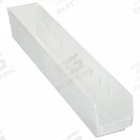 QUANTUM STORAGE SYSTEMS Shelf Bin: 23 5/8 in Overall Lg, 4 1/8 in x 4 in, Clear, Nesting Capable (MPN QSB105CL). Key specifications — attr1179622: QUANTUM STORAGE SYSTEMS; attr1179611: 0%; attr1179616: QSB105CL; attr1179624: Dividers Not Included; attr1249172: Not Electrostatic Discharge Conductive.