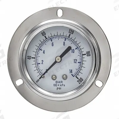 PIC GAUGES Panel-Mount Pressure Gauge: Front Flange, 0 psi to 200 psi, 2 1/2 in Dial - Front-Flange Panel-Mount with Copper Wetted Parts
