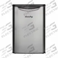 DANBY Refrigerator: Stainless Steel, 2.6 cu ft Total Capacity, 4 Shelves, Energy Star Certified (MPN DAR026A2BSLDB). Key specifications — Plug Type: 3-Prong; Includes Ice Maker: No; Color: Silver; Defrost: Automatic; Energy Star Certified: Yes; Door Hinge: Swing; Door Style: Solid; Brand: DANBY.