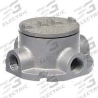 Conduit Outlet Body: Aluminum, GRF, 3/4 in Trade Size, X Body, 18 cu in Body Capacity (MPN GRFX75-A). Key specifications — Series: For Standard Body; Compatible Conduit Trade Size: 3/4 in; Thread Gender: Female; Hub Style: Threaded; Cover Included: Yes; Body Style: X; Connection Type: Threaded; Back Type: Flat.