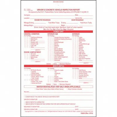 JJ KELLER Concrete Vehicle Inspection Report: Carbonless - Concrete Vehicle Inspection Forms