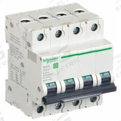 SCHNEIDER Supplementary Protector: 63 A Amps, 10kA at 240V AC, Screw Clamp - B-Curve, 4-Pole UL1077 DIN Rail-Mount Supplementary Protectors