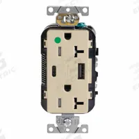 USB Receptacle: Duplex, 5-20R, 1 USB Ports, USB Type A/C, Ivory, 125V AC, 20 A (MPN T5833-HGI). Key specifications — Brand: LEVITON.