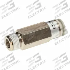 SMC Pneumatic Check Valve: Male Connector, NBR, Aluminum Alloy (Valve)/PBT (Body)/Spacer (Brass) (MPN AKH12B-03S). Key specifications — attr291949: 12 mm Tubing; attr291950: 3/8 in BSPT; attr291957: NBR, Aluminum Alloy (Valve); PBT (Body); Spacer (Brass); attr294749: SMC.