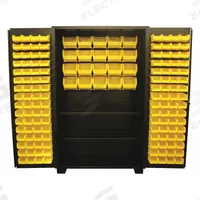 JAMCO Bin Cabinet: 48 in x 24 in 78 in, 2 Shelves, 148 Bins, Yellow, Flush, 14 ga Panel, Black (MPN DT248BL). Key specifications — Bin Color: Yellow; Bin HxWxD: (128) 3 in x 4-1/8 in x 7-1/2 in; Assembled: Assembled; Cabinet Style: Shelf and Bin; Brand: JAMCO; Cabinet Color: Black; Cabinet Finish: Powder Coated; Cabinet Material: Steel.