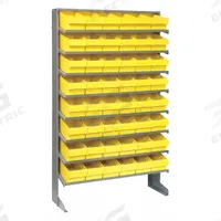QUANTUM STORAGE SYSTEMS Pick Rack: 36 in x 12 in x 60 in, 1 Usable Sides, 8 Shelves, 48 Bins, Yellow (MPN QPRS601YL). Key specifications — Bin HxWxD: (48) 4-5/8 in x 5-9/16 in x 11-5/8 in; Frame Material: Steel; Frame Color: Gray; Bin Color: Yellow; Brand: QUANTUM STORAGE SYSTEMS.