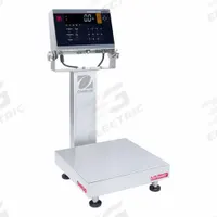 OHAUS Industrial Bench Scale: 12 in x 12 in, IP68/IP69K, Column-Mounted, Stainless Steel (MPN D61XWE12WQR6). Key specifications — Connection Ports: Ethernet; Readability: 0.002 lb/1 g; Brand: OHAUS; Weighing Surface Material: Stainless Steel.