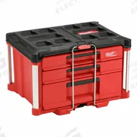 MILWAUKEE PACKOUT Tool Box: Polymer, Black/Red, 22 3/16 in W x 14 5/16 in H x 16 5/16 in D (MPN 48-22-8447). Key specifications — attr1117293: MILWAUKEE; attr1117310: Security Bar; attr1117382: Polymer; attr1117383: Red; attr1117271: (3) Quick-Adjust Divider.
